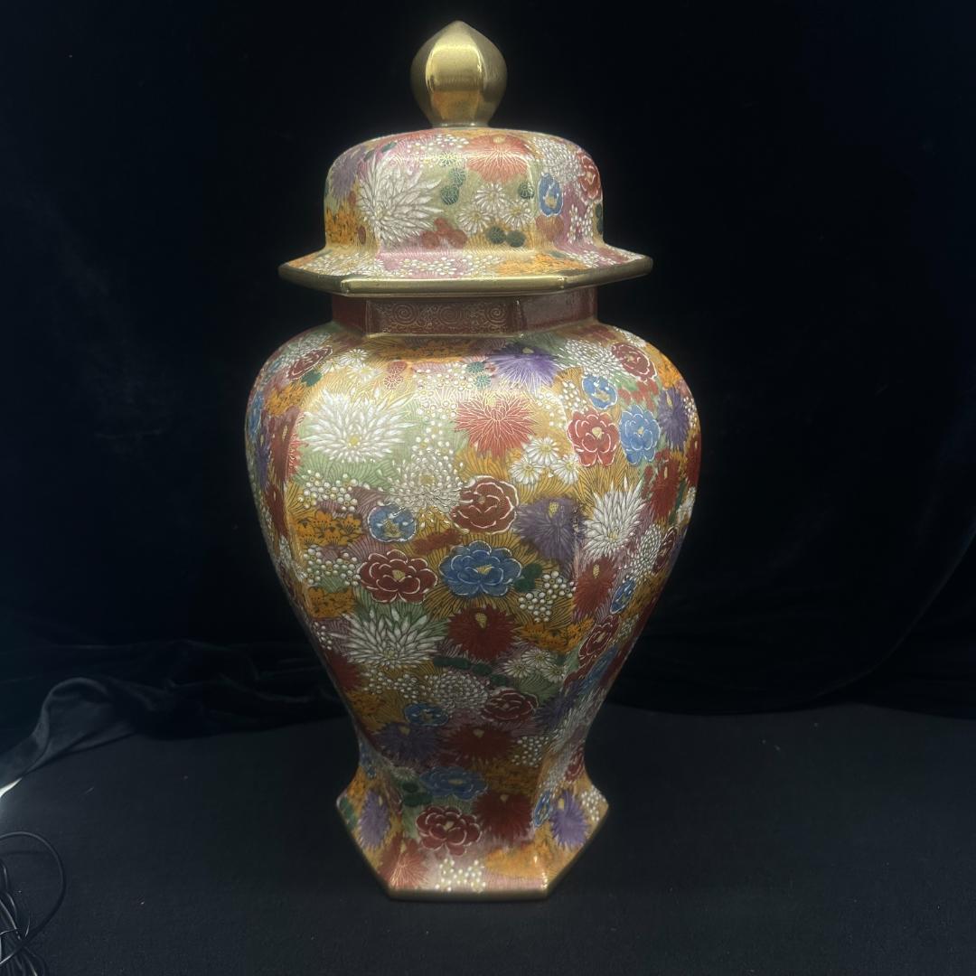 値下げ！薩摩焼 金襴手 金彩色絵花詰 沈香壷 丸十字紋 細密絵付 花瓶　47cm