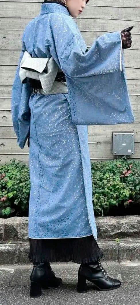 レース 着物 振袖 青 サックスブルー 和ロリ