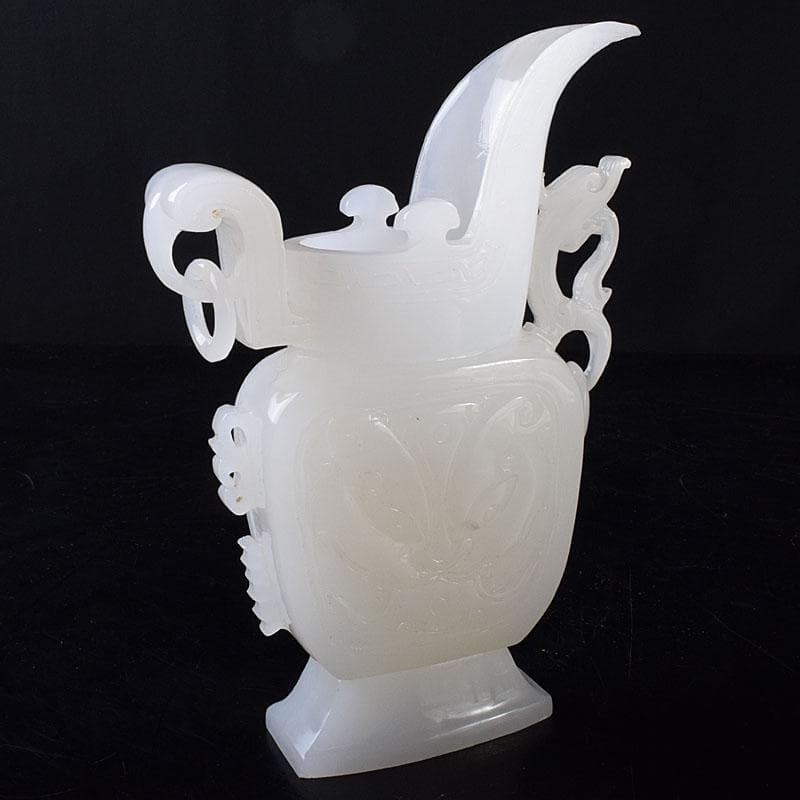 中国　玉石白玉彫刻　林權作　白玉樽　証明書・鏡面台付　V　R8720