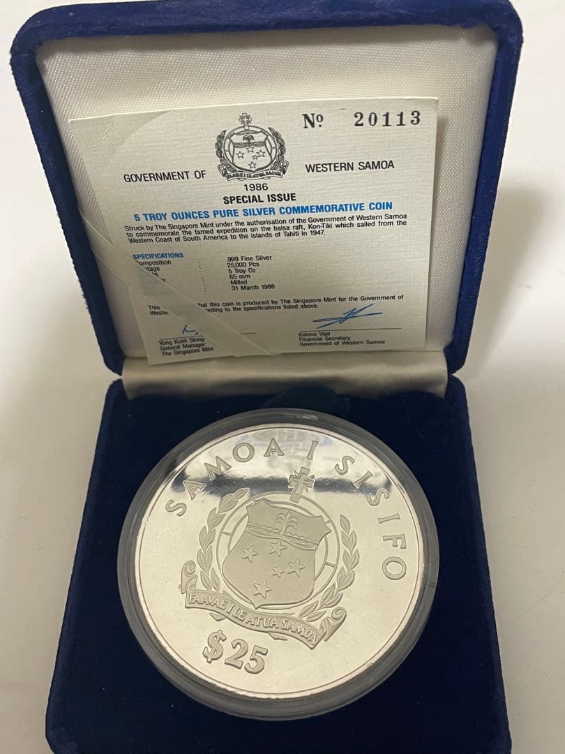 美品　サモア コントキ号 銀貨 1986年 $25　5トロイオンス