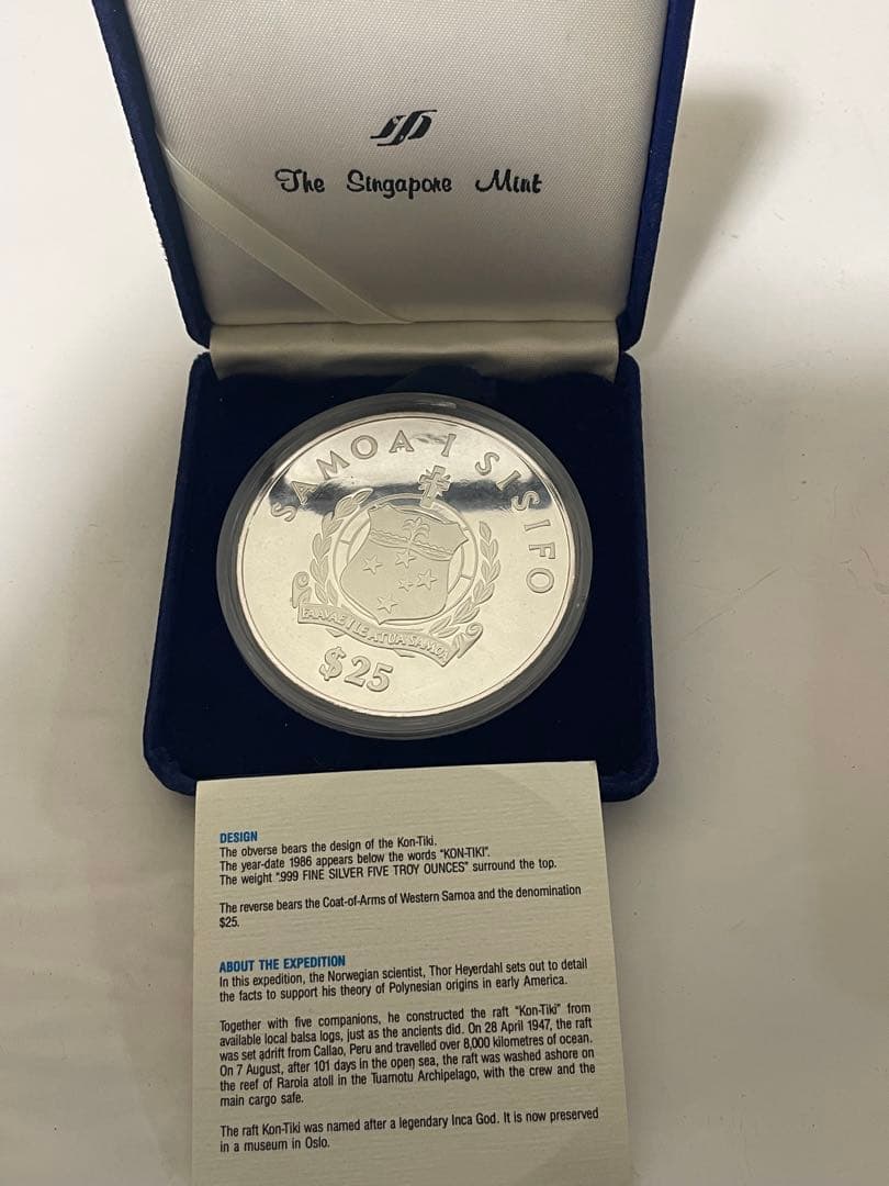 美品　サモア コントキ号 銀貨 1986年 $25　5トロイオンス