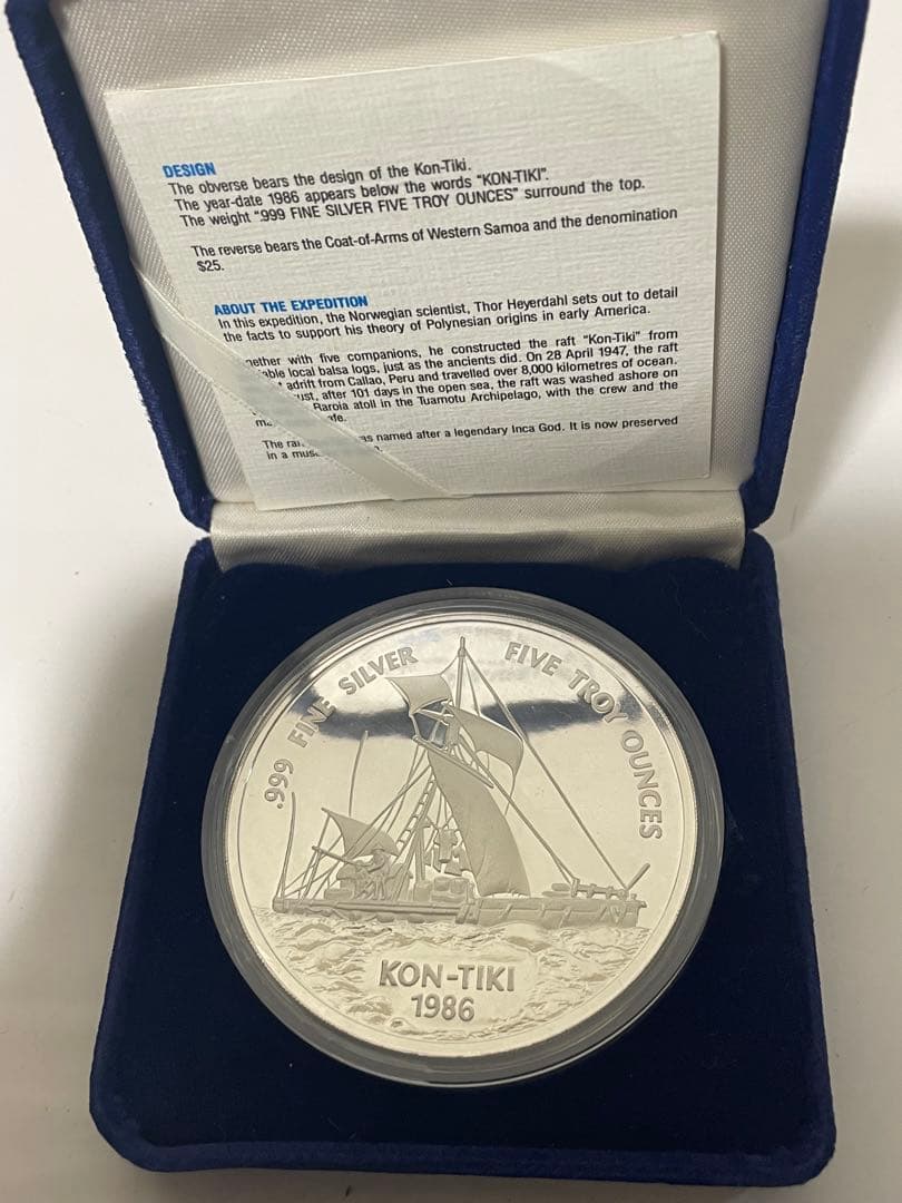 美品　サモア コントキ号 銀貨 1986年 $25　5トロイオンス