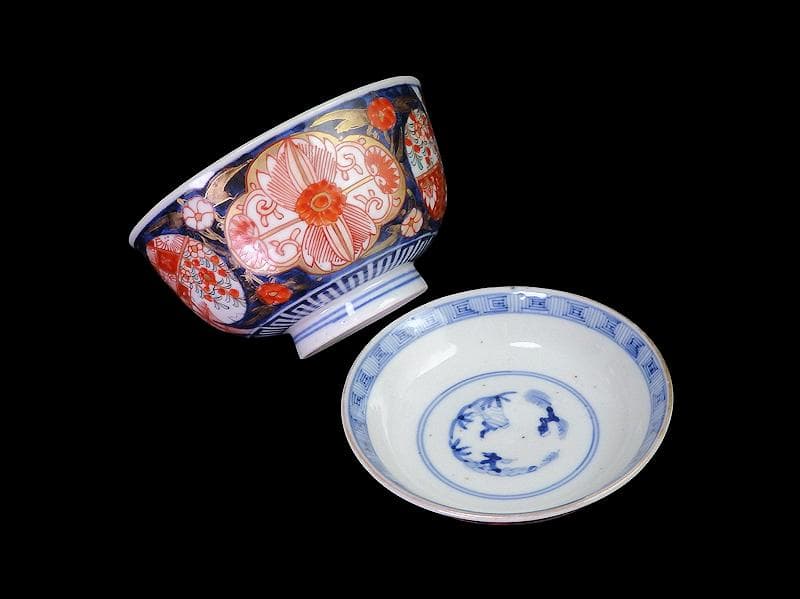 古伊万里　金襴手　枝垂れ桜に花の図　蓋茶碗　２客　C739AS-fbth