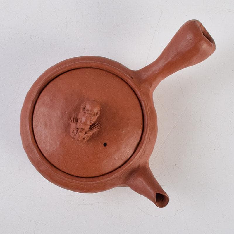 tatsu 　朱泥　獅子摘　手捻文様　茶注　急須　共布共箱　M　R9528