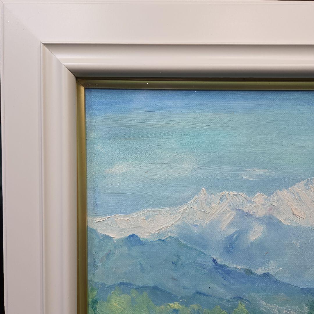 【美品】 肉筆油彩風景画 ホワイト額縁フレームつき「白馬連峰」6号サイズ