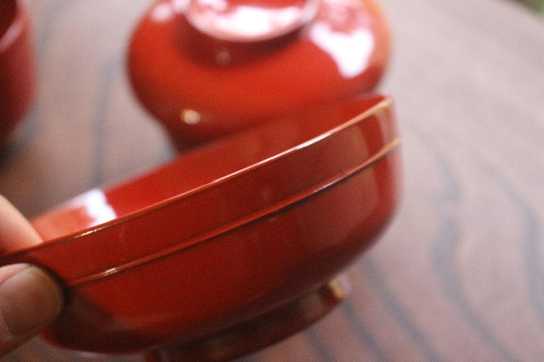 デッドストック！時代朱漆の美しい平椀＆壺椀セット（検輪島塗懐石椀茶道具