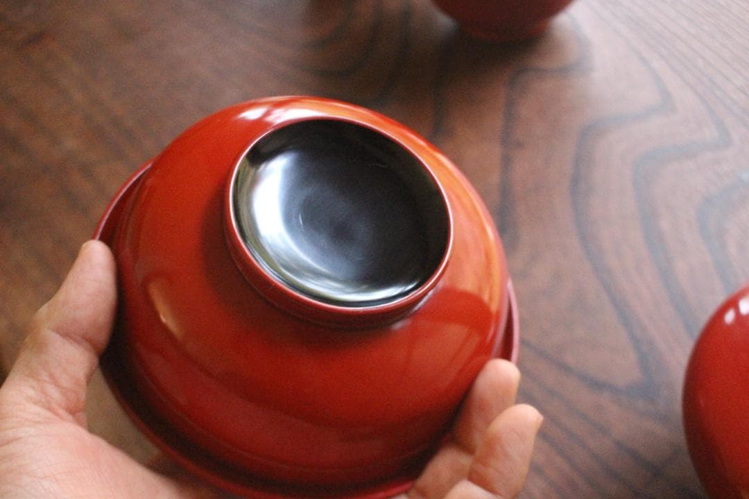 デッドストック！時代朱漆の美しい平椀＆壺椀セット（検輪島塗懐石椀茶道具