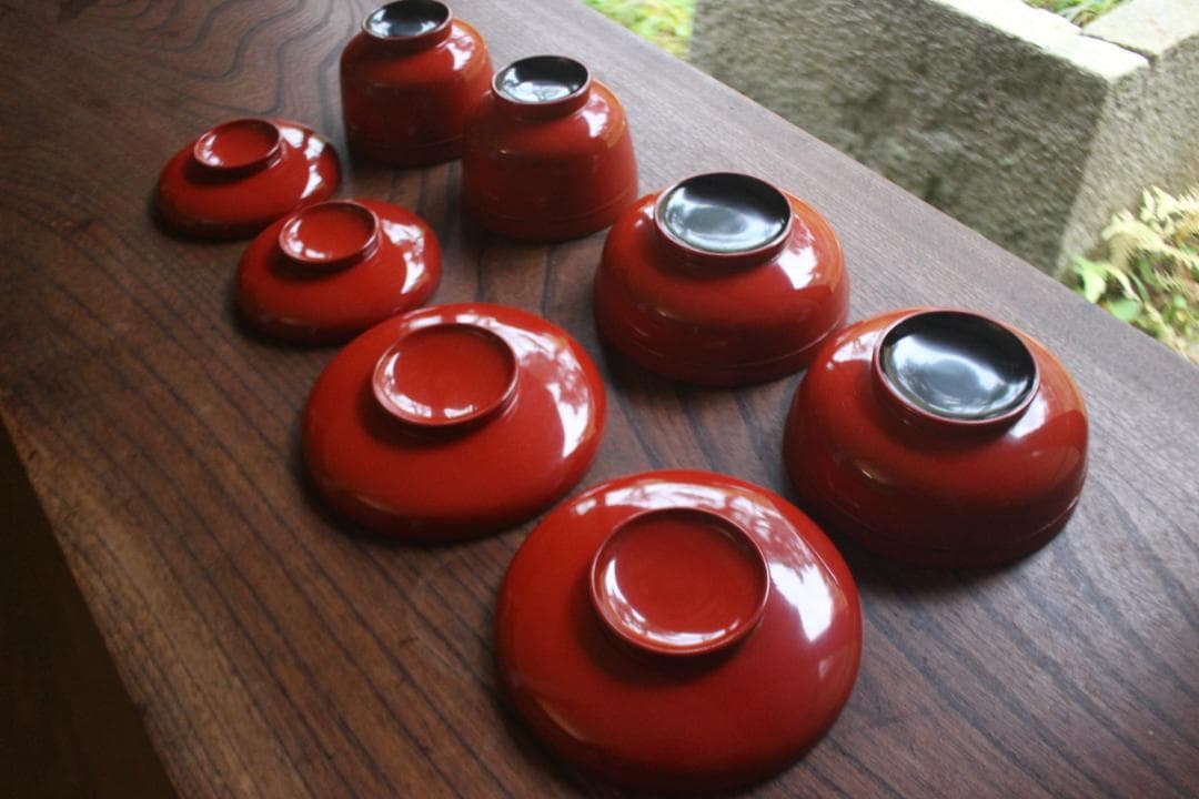 デッドストック！時代朱漆の美しい平椀＆壺椀セット（検輪島塗懐石椀茶道具