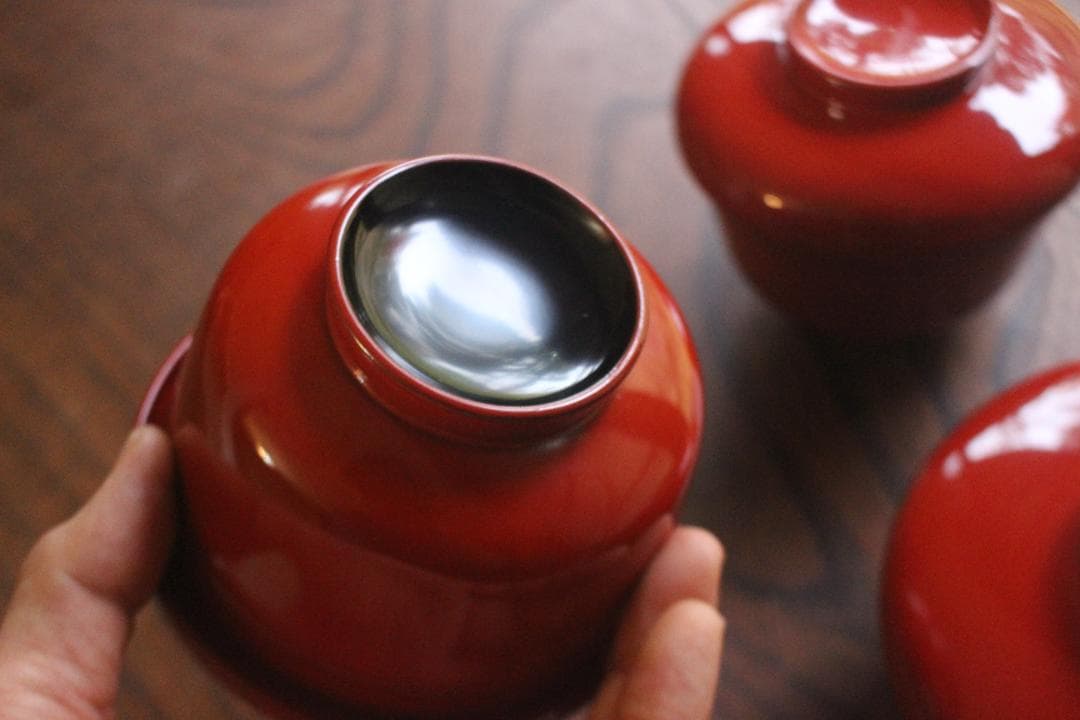 デッドストック！時代朱漆の美しい平椀＆壺椀セット（検輪島塗懐石椀茶道具