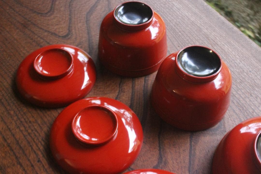 デッドストック！時代朱漆の美しい平椀＆壺椀セット（検輪島塗懐石椀茶道具