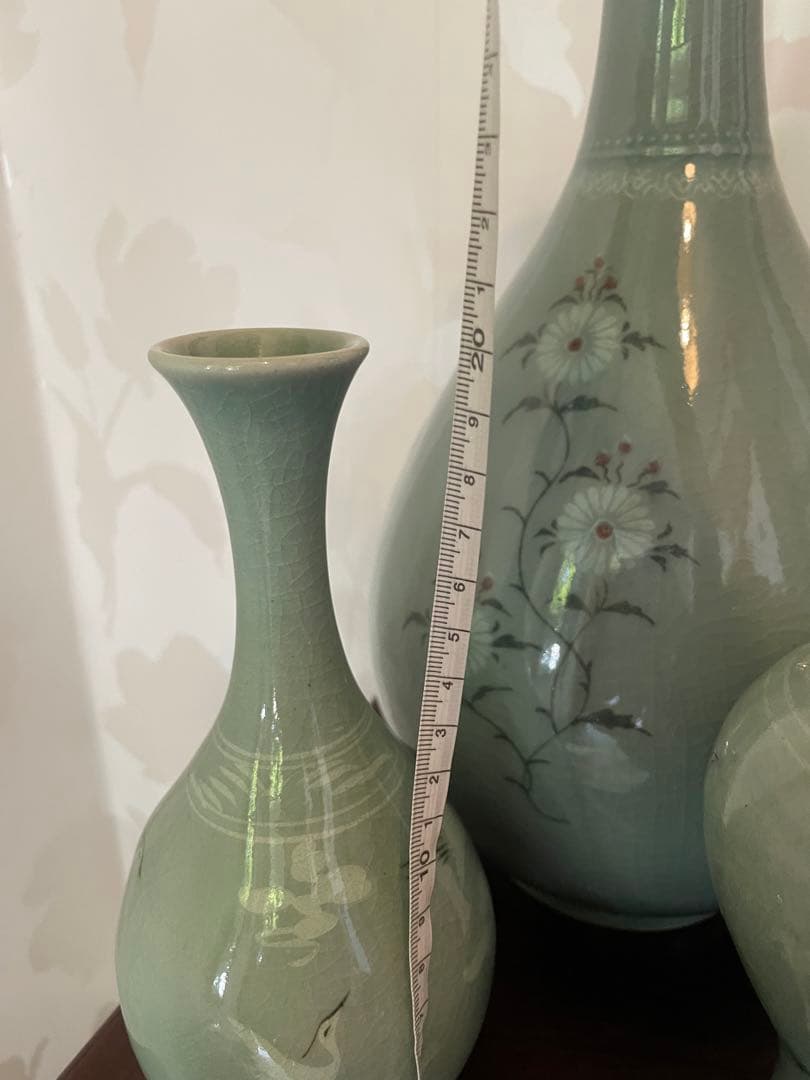 高麗青磁 雲鶴　茶道具　伝統工芸品　峯岩作　華道　高麗青磁　陶器の花瓶3点セット