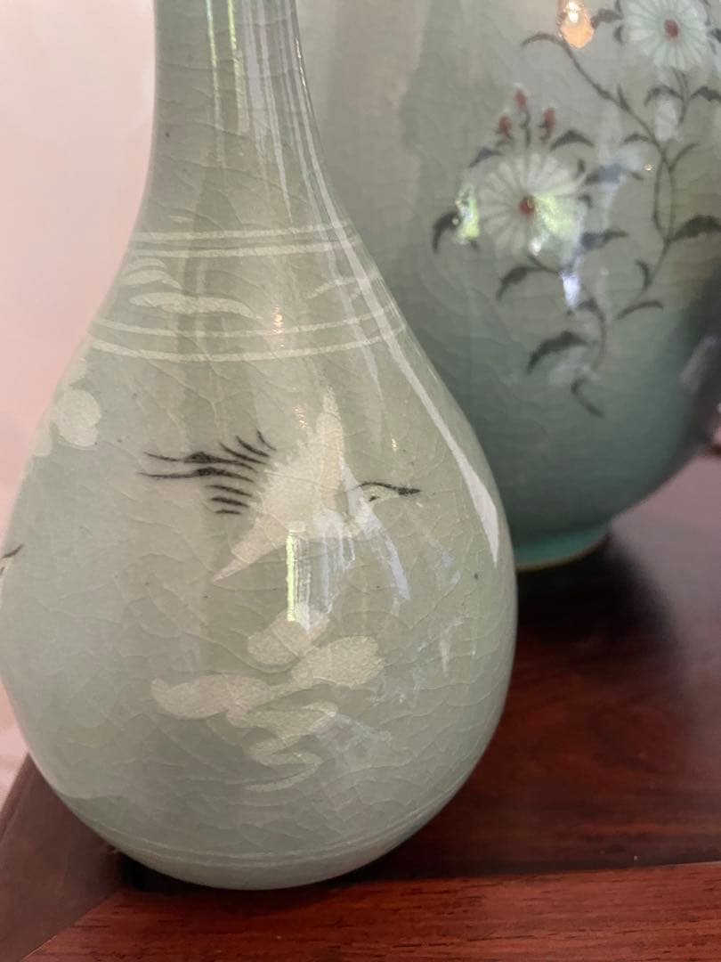 高麗青磁 雲鶴　茶道具　伝統工芸品　峯岩作　華道　高麗青磁　陶器の花瓶3点セット