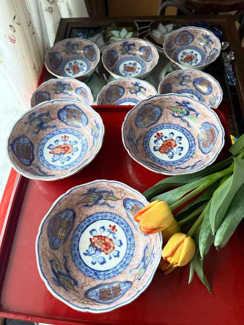 超限定21日20 時迄‼️強運献上大聖寺伊万里Dragon❌牡丹龍靏玉珍玩膾皿2客