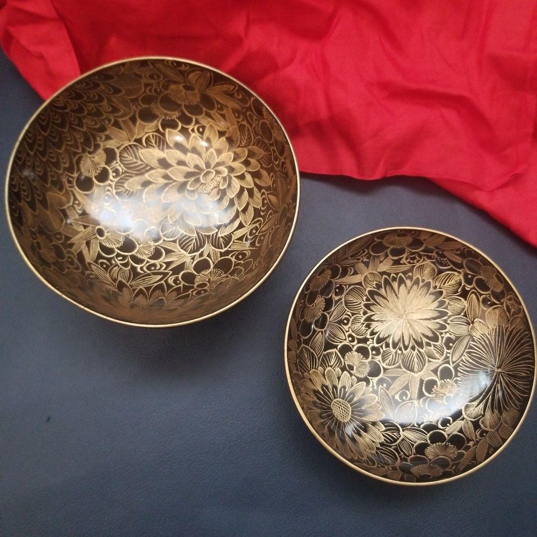 菫　黒漆塗 内総沈金 菊花紋詰 吸物椀 汁椀 茶道具 懐石 菓子椀　2客