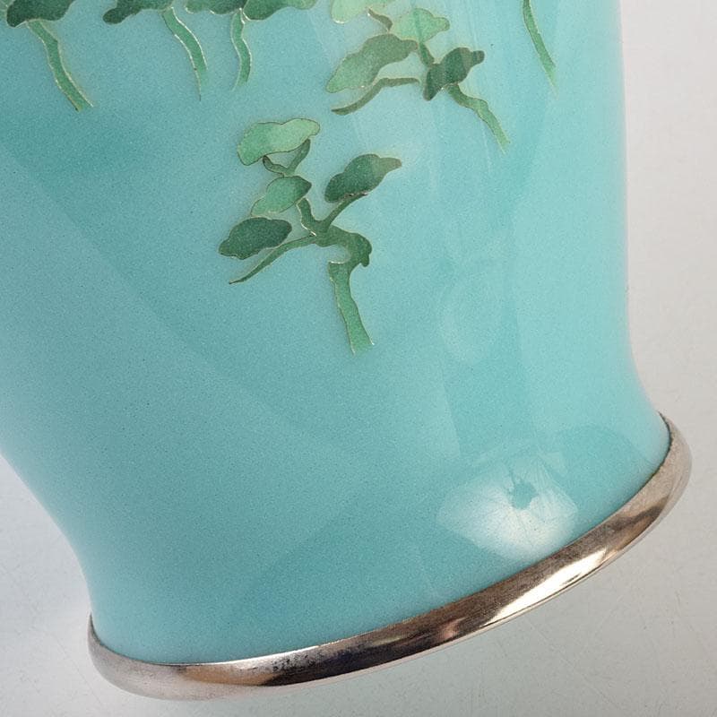 七宝焼　青釉　富士松文　花瓶　唐木台付　共箱　M　R9509