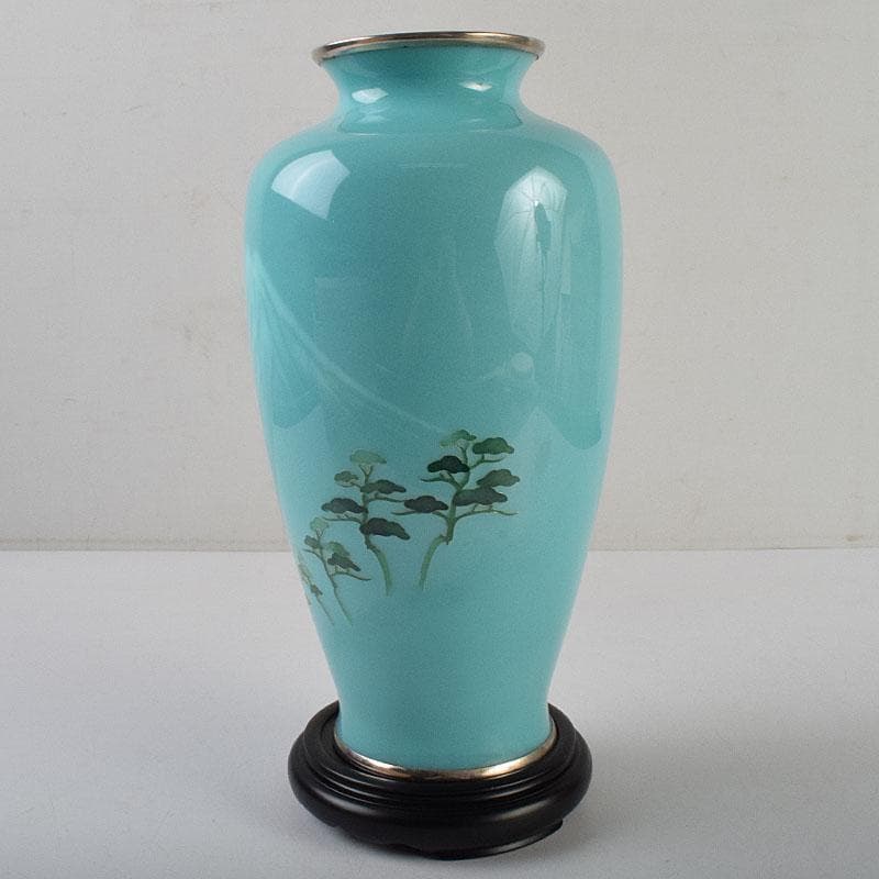 七宝焼　青釉　富士松文　花瓶　唐木台付　共箱　M　R9509