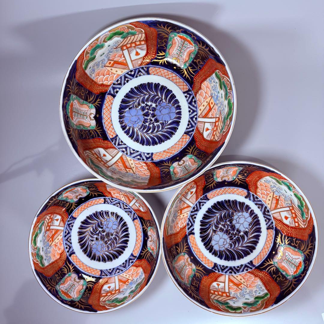 1900年代初頭　錦手　山水図三ツ鉢　箱有　青海波文　舟　二重高台　明治大正期