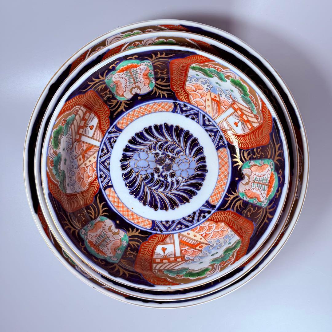 1900年代初頭　錦手　山水図三ツ鉢　箱有　青海波文　舟　二重高台　明治大正期