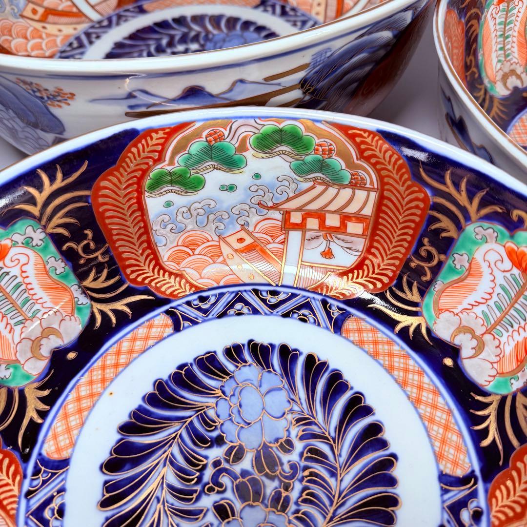 1900年代初頭　錦手　山水図三ツ鉢　箱有　青海波文　舟　二重高台　明治大正期