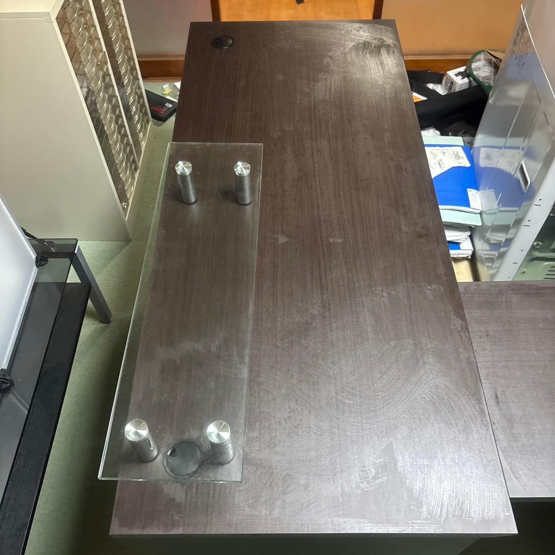 L字型 パソコンデスク ガラス棚付き ダークブラウン