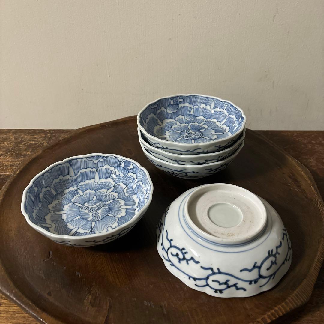古伊万里　染付なます皿　5枚　膾皿　唐草　アンティーク　古道具　白洲正子　李朝