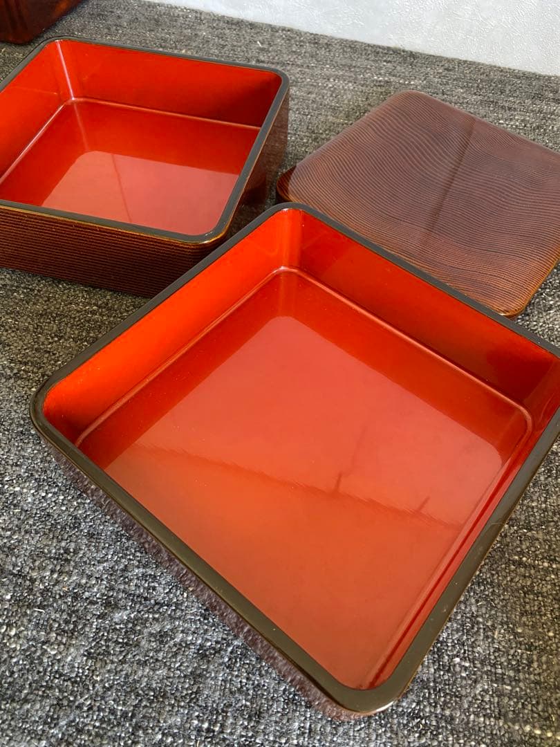 輪島塗　重箱　二段重　木目　未使用