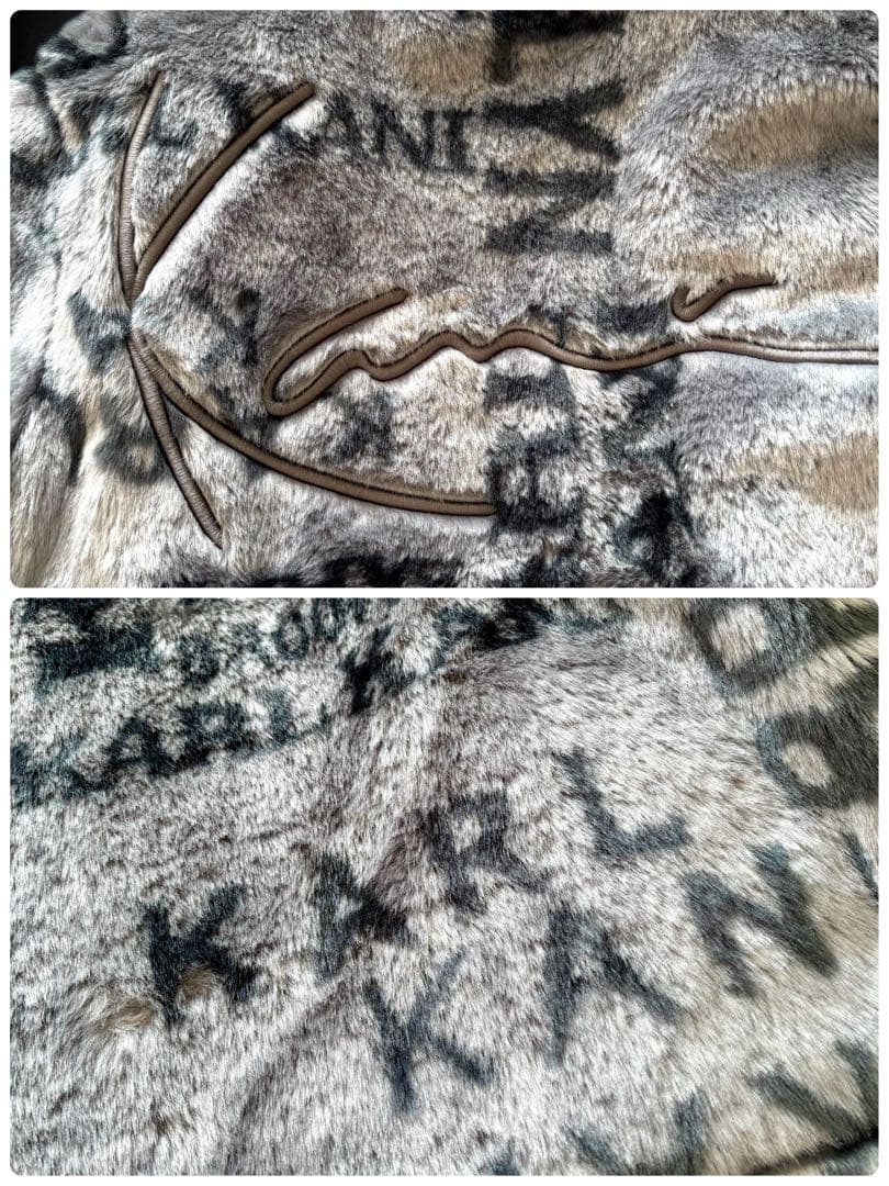 Karl Kani 総柄 ロゴ刺繍 ファーコート ボア L シルバーグレー