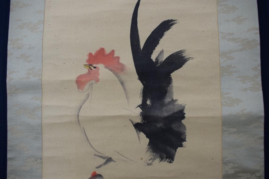 【真作】森月城/双鶏之図/チャボ図/ニワトリ/掛軸☆宝船☆Y-918　JM