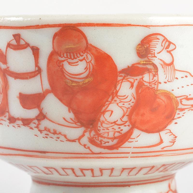 湖東焼　赤絵　人物文　猪口　盃　時代箱付　V　R5213