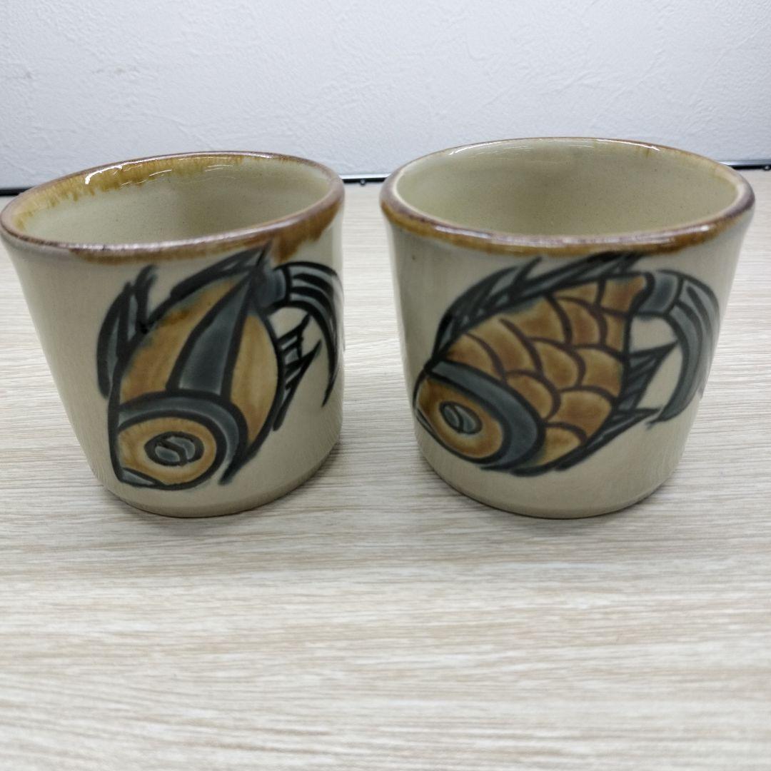 やちむん　宮城須美子作　そばちょこ魚の絵柄 陶器カップ 2個セット　未使用②
