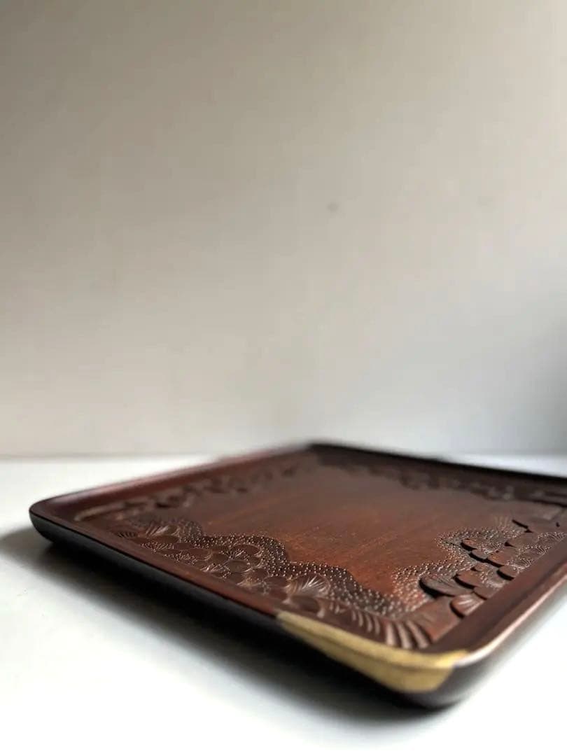 755 ヴィンテージ 軽井沢彫 桜彫 角盆 大阪屋家具店 金継ぎ 民芸 工芸