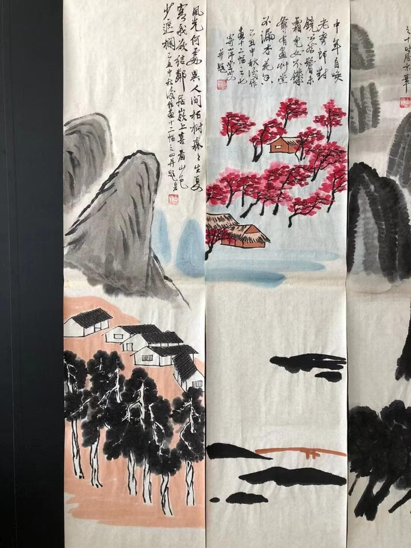 中国美術・純手描き四連山水画芯・水墨画・斉白石印款・肉筆・宣紙・茶道・国画・文房