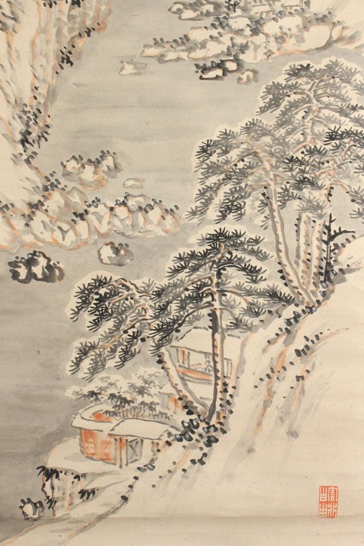 No5372 掛軸　作者不詳　在銘　雪中山水　萬山積雪　紙本　中国画　送料無料