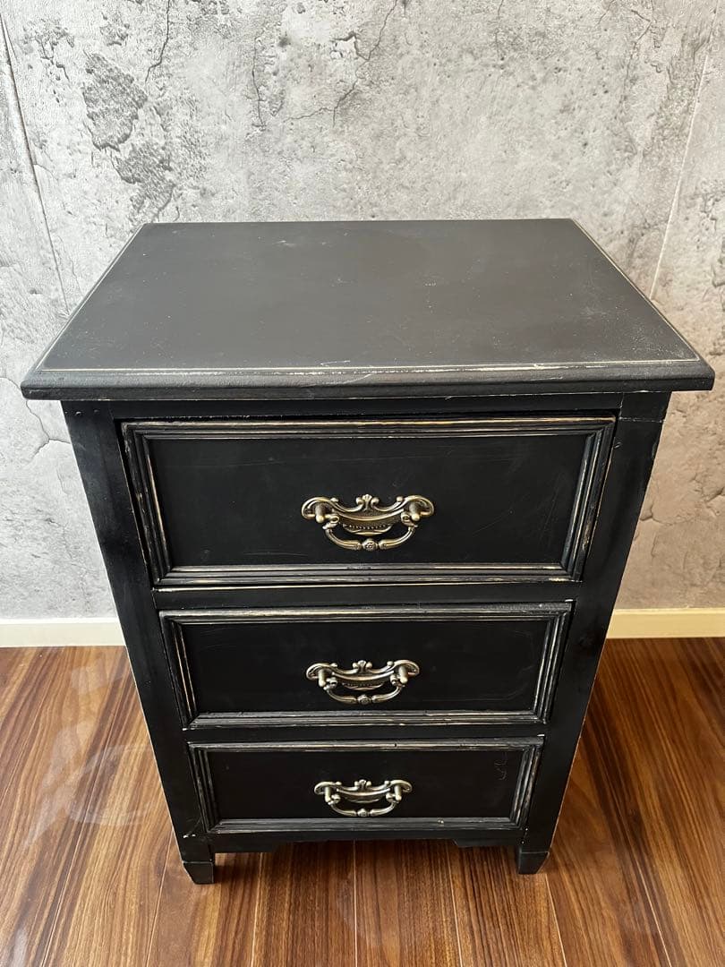 アンティーク風　3段キャビネット　チェスト　引き出し　家具　黒　ブラック　サリュ