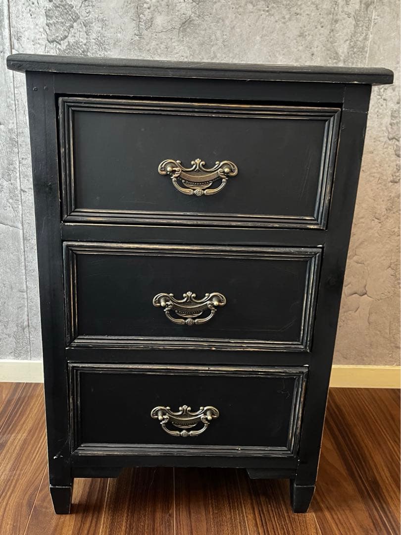 アンティーク風　3段キャビネット　チェスト　引き出し　家具　黒　ブラック　サリュ