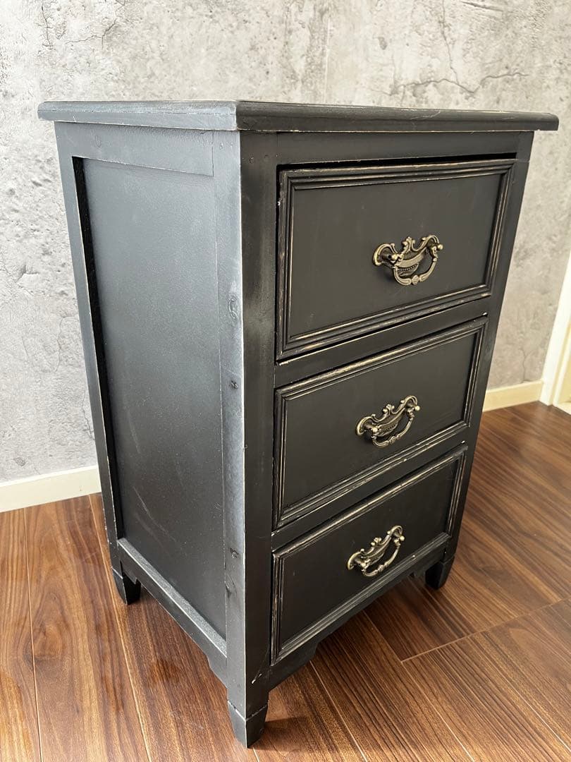 アンティーク風　3段キャビネット　チェスト　引き出し　家具　黒　ブラック　サリュ