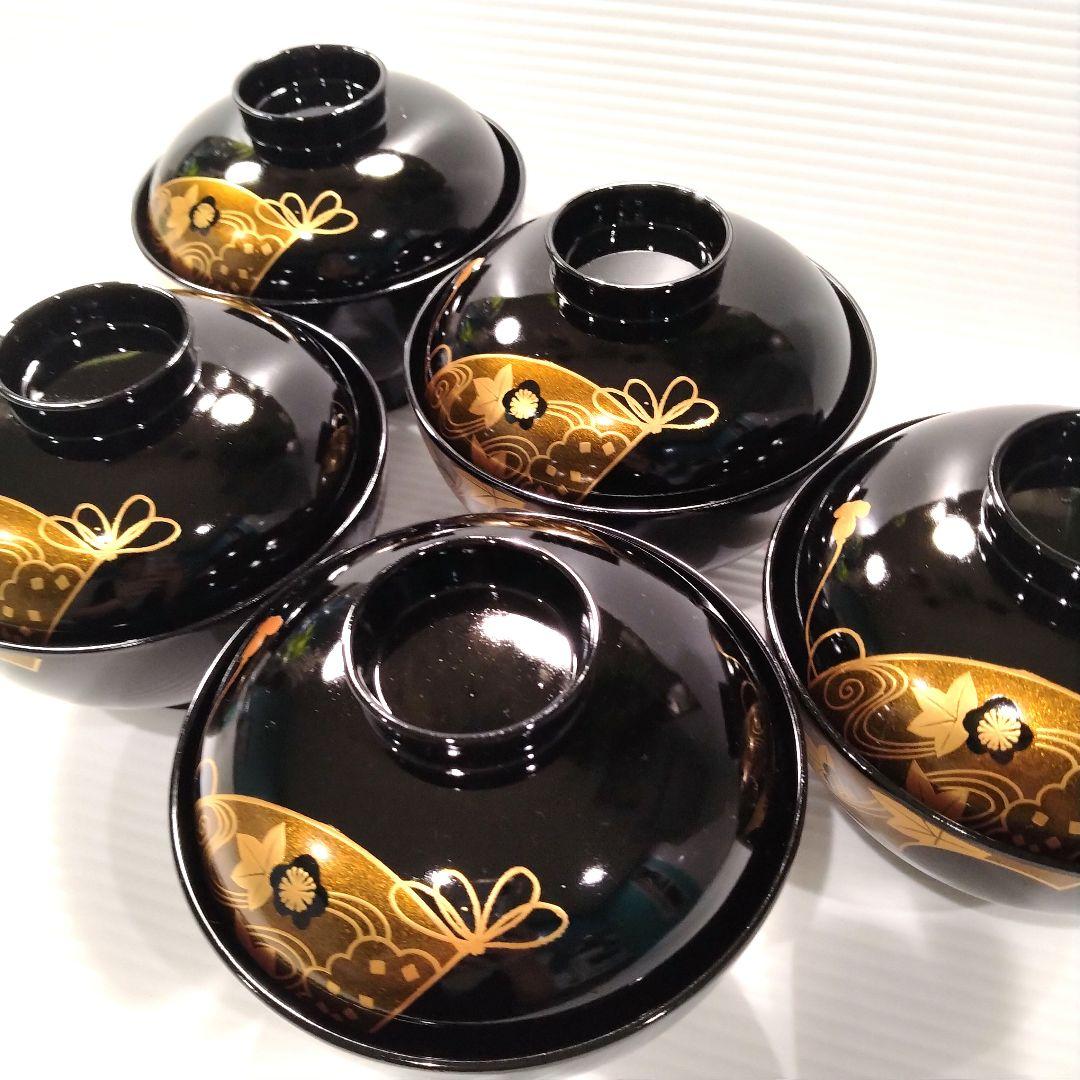 会津塗 漆器 漆 黒塗 扇 蒔絵 吸物椀 汁椀 蓋付き 和食器 黒金 5客揃