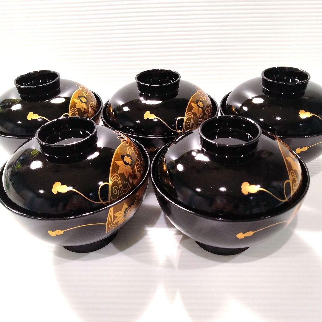 会津塗 漆器 漆 黒塗 扇 蒔絵 吸物椀 汁椀 蓋付き 和食器 黒金 5客揃