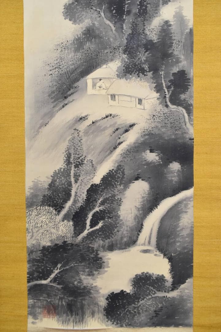 【真作】盧水/山水人物図/掛軸☆宝船☆AB-305