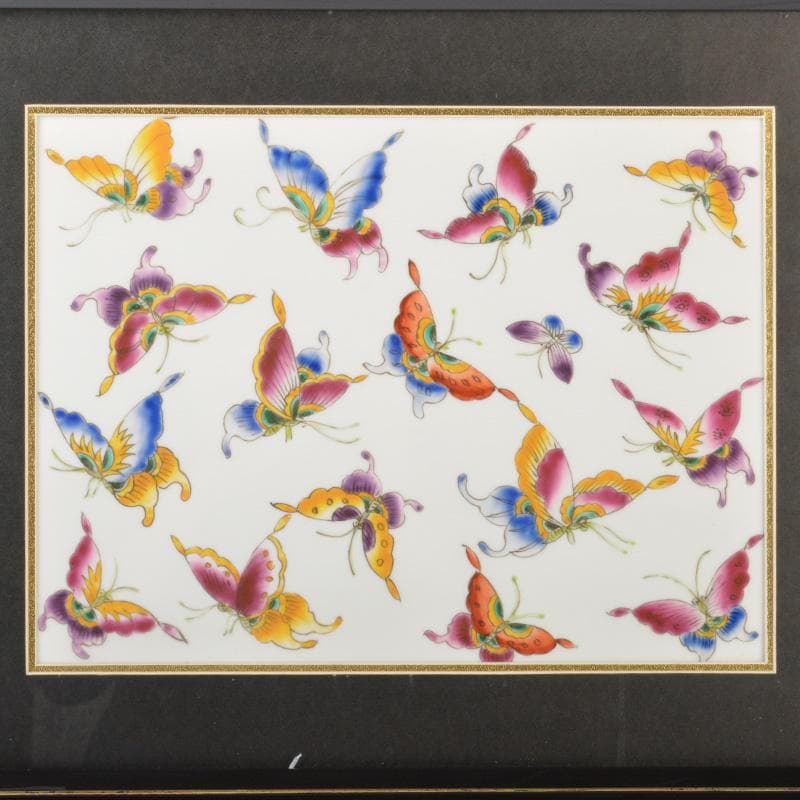 中国　唐木紫壇枠　景徳鎮　粉彩　蝶図　陶板　壁飾　V　5417A