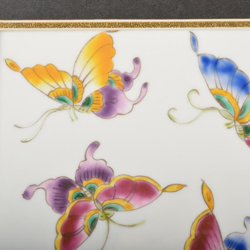 中国　唐木紫壇枠　景徳鎮　粉彩　蝶図　陶板　壁飾　V　5417A