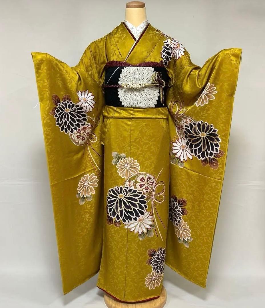 からし色　シックな菊の柄の振袖フルセット