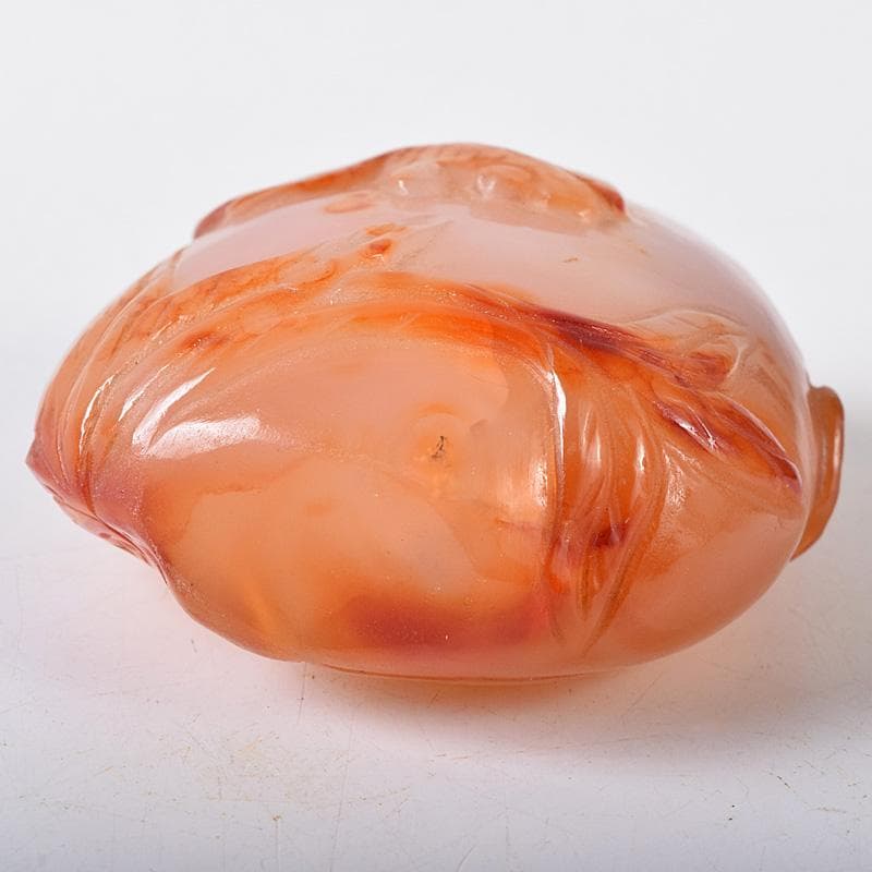 中国　玉石瑪瑙石彫刻　蓮葉金魚刻　鼻煙壷　小壷　時代箱付　M　R8754