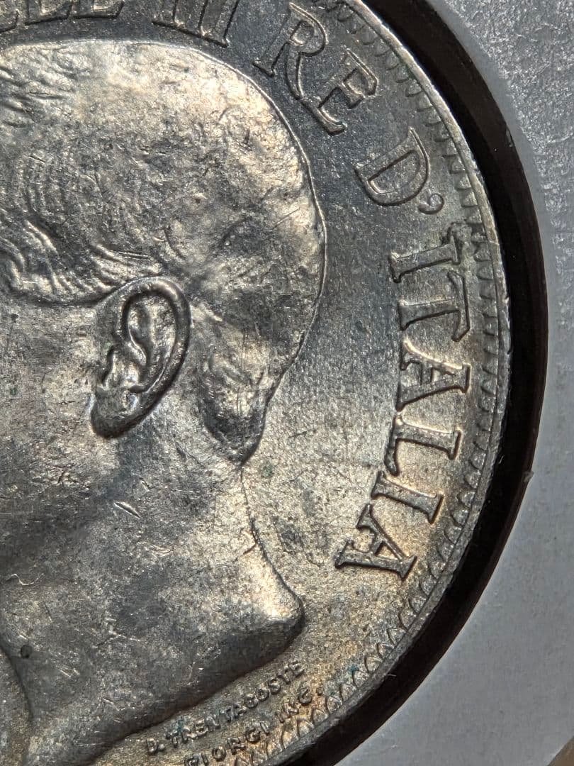 (稀少)イタリア　ヴィットリオ エマヌエル3世　王国100周年記念　2リレ銀貨