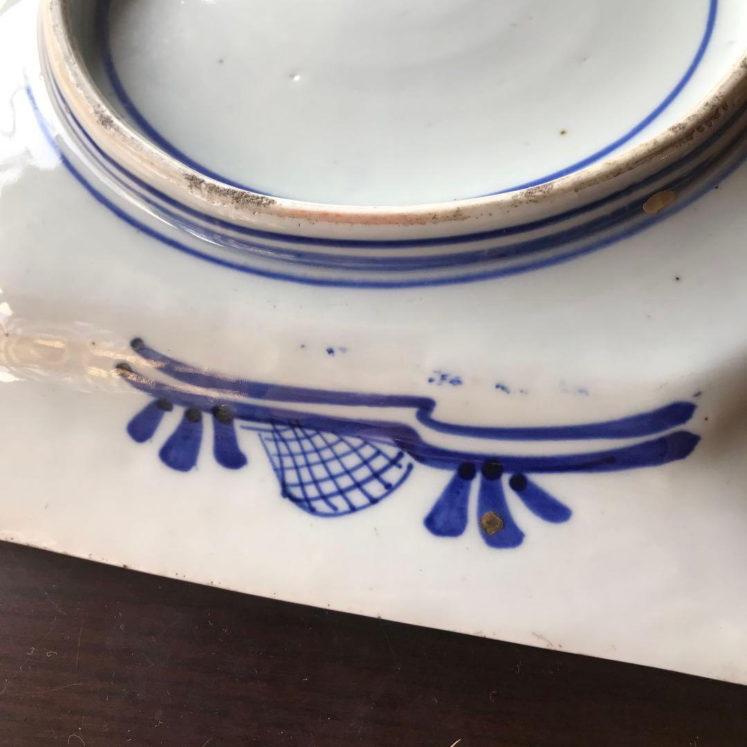 美品　古伊万里　陶器　年代物　盛り皿　角皿　八角絵皿　線画　山水の絵柄が素敵な