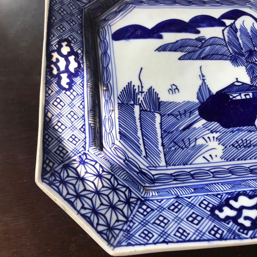 美品　古伊万里　陶器　年代物　盛り皿　角皿　八角絵皿　線画　山水の絵柄が素敵な