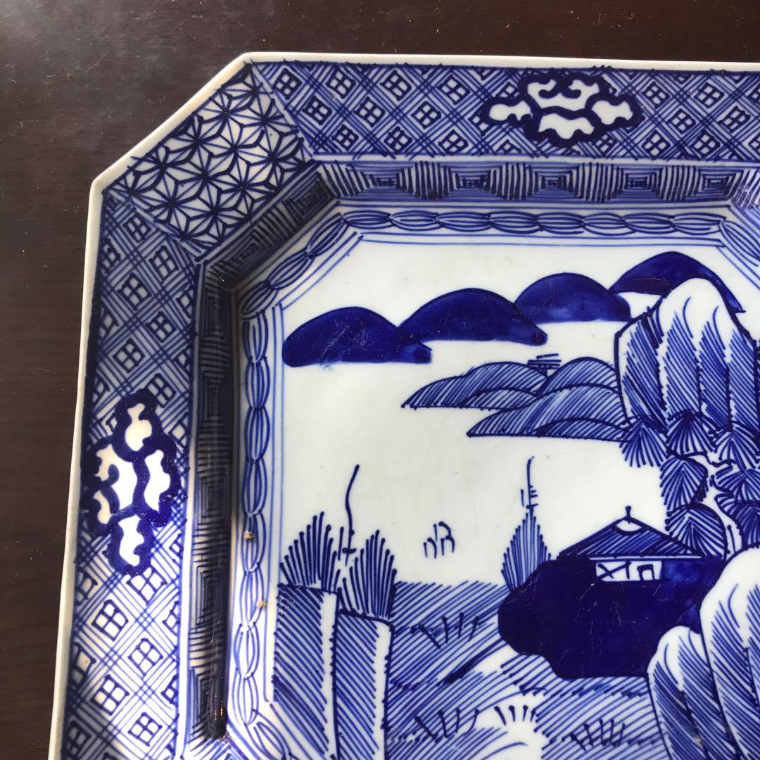 美品　古伊万里　陶器　年代物　盛り皿　角皿　八角絵皿　線画　山水の絵柄が素敵な