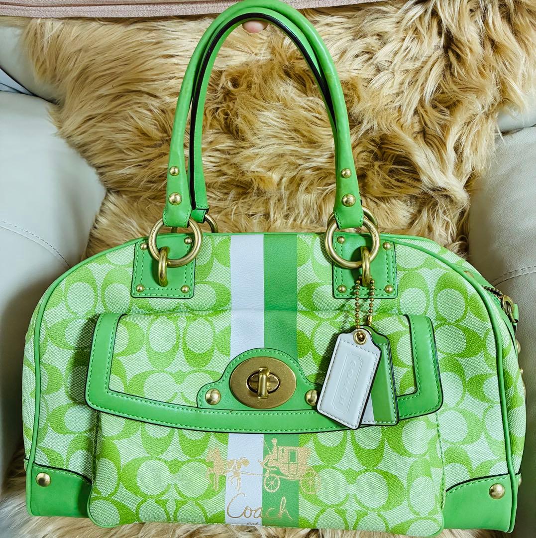 Coach ライトグリーン　ストライプ ハンドバッグ