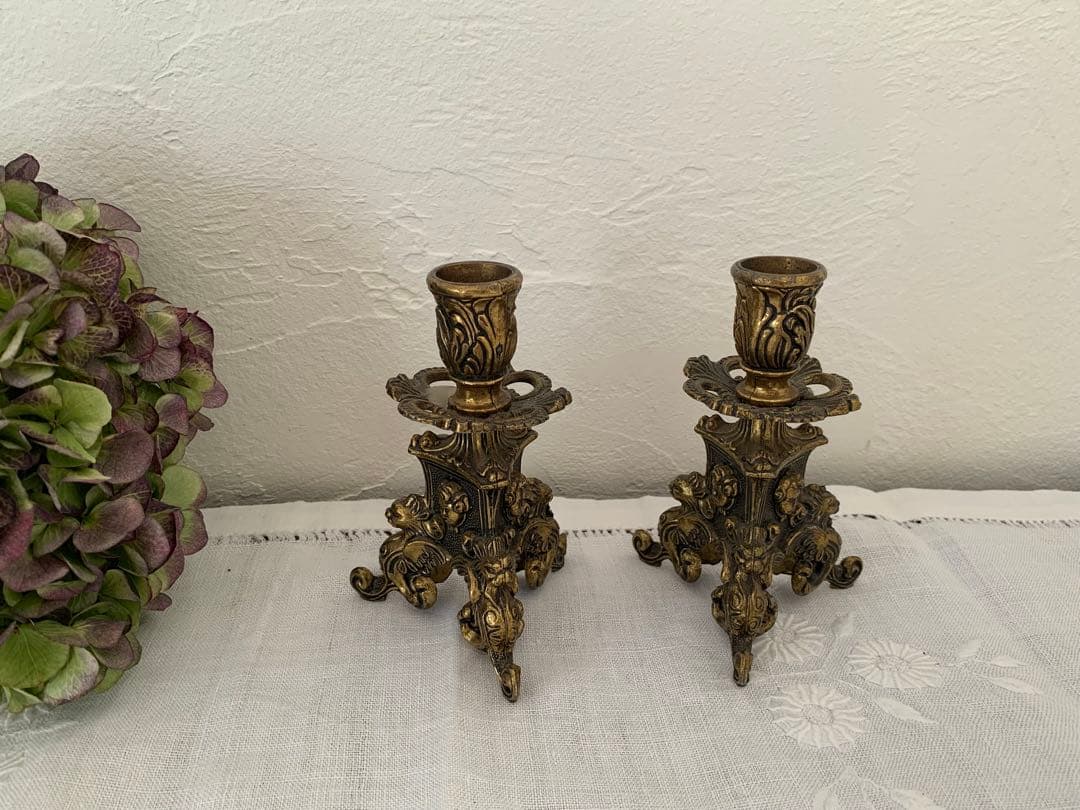 ヨーロッパ　蚤の市　キャンドルスタンド　天使　ペア　ブロカント