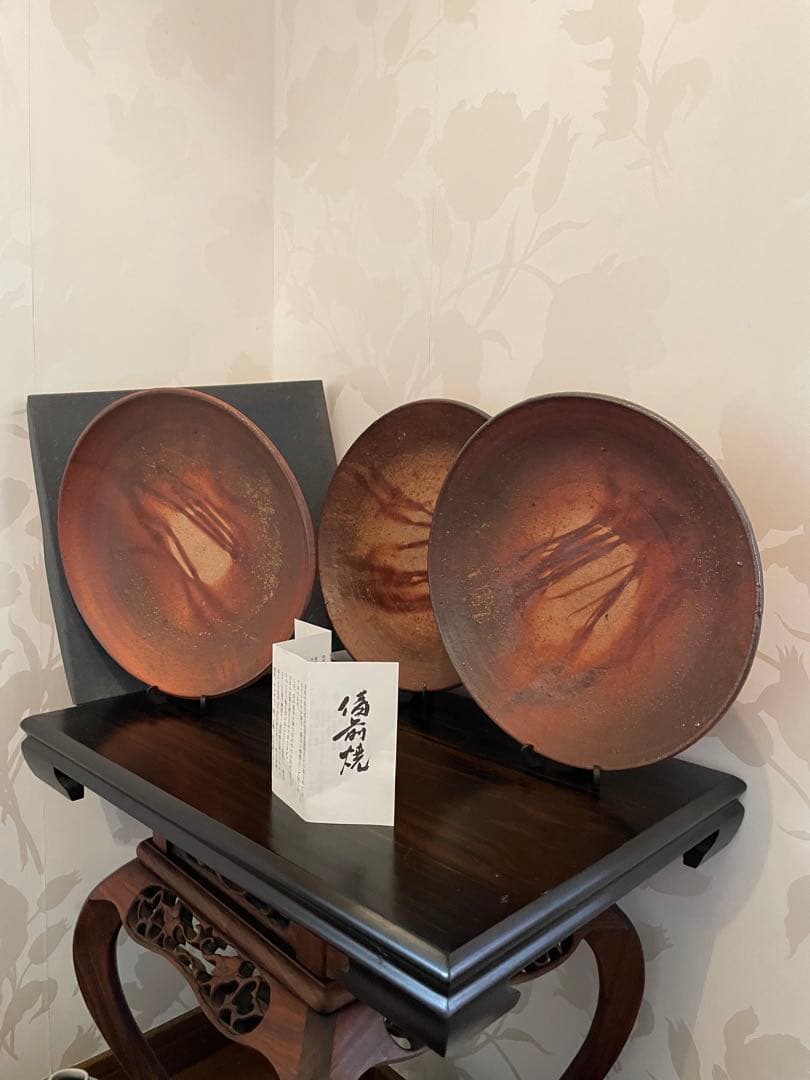 未使用　高級　備前焼　森丁斎作　陶器製装飾皿3枚セット　丸皿